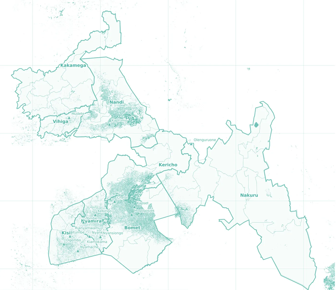 Teal satellite map of Kenya's western tea belt with mapped field extent
